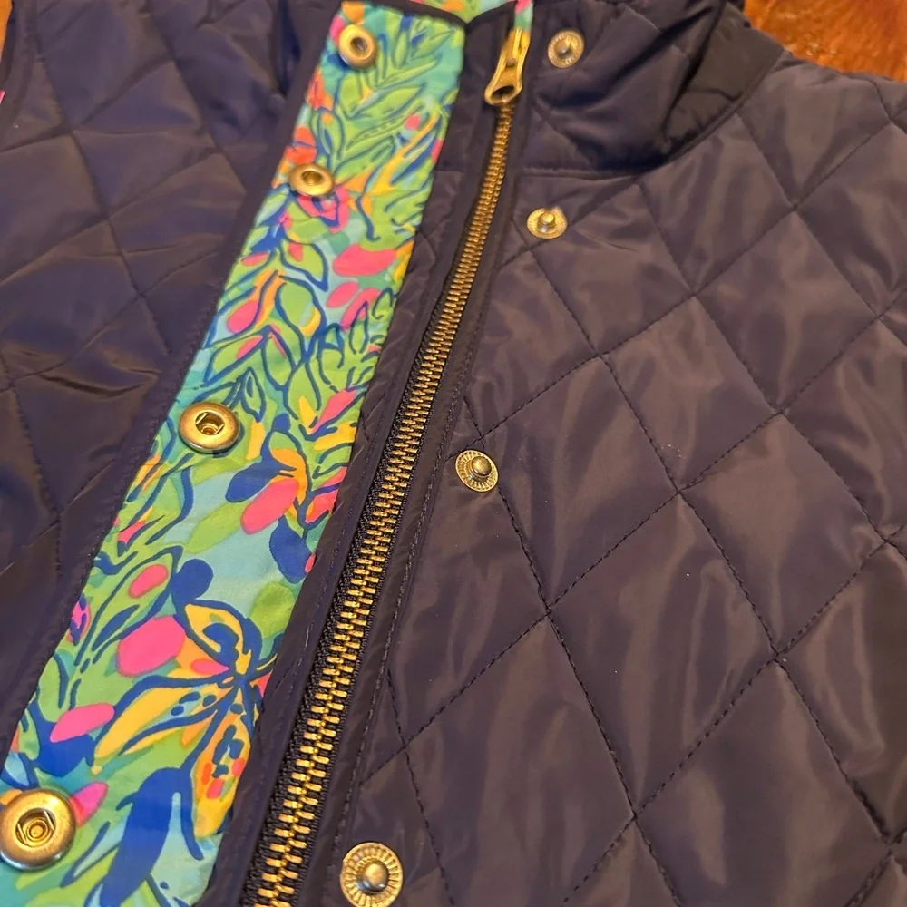 Lilly Pulitzer Navy Quilted Reversible Vest with Gold Buttons and Floral Lining